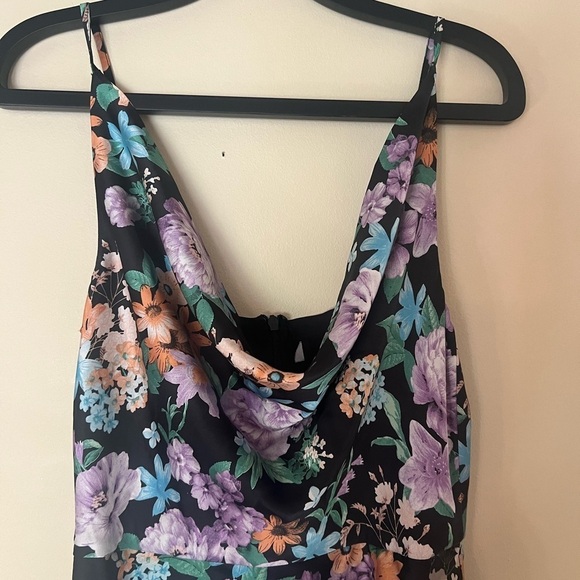 Lulu’s Cute Pursuit Black Floral Satin Cowl Neck Tulip Midi Dress - Picture 9 of 14